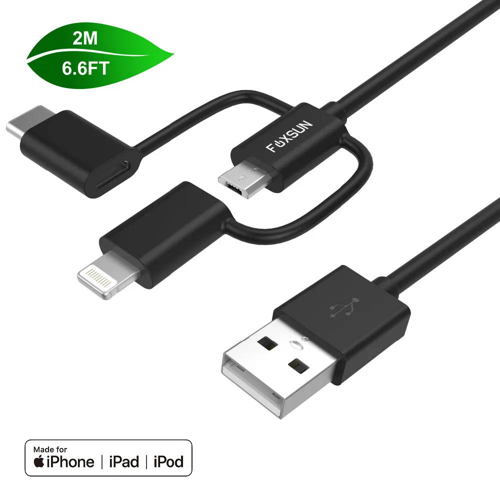Foxsun متعددة 3 في 1 كابل يو اس بي 6.6ft/2 m ل كابل البرق المصغّر usb كابل نوع C كابل لفون ل سامسونج هواوي