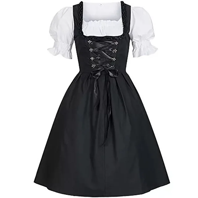 Adult Women Oktoberfest Costume Black Dirndl Cut Out Dress Puff Sleeves Back Bow Lacing Up Biergarten Clothing For Ladies 5XL