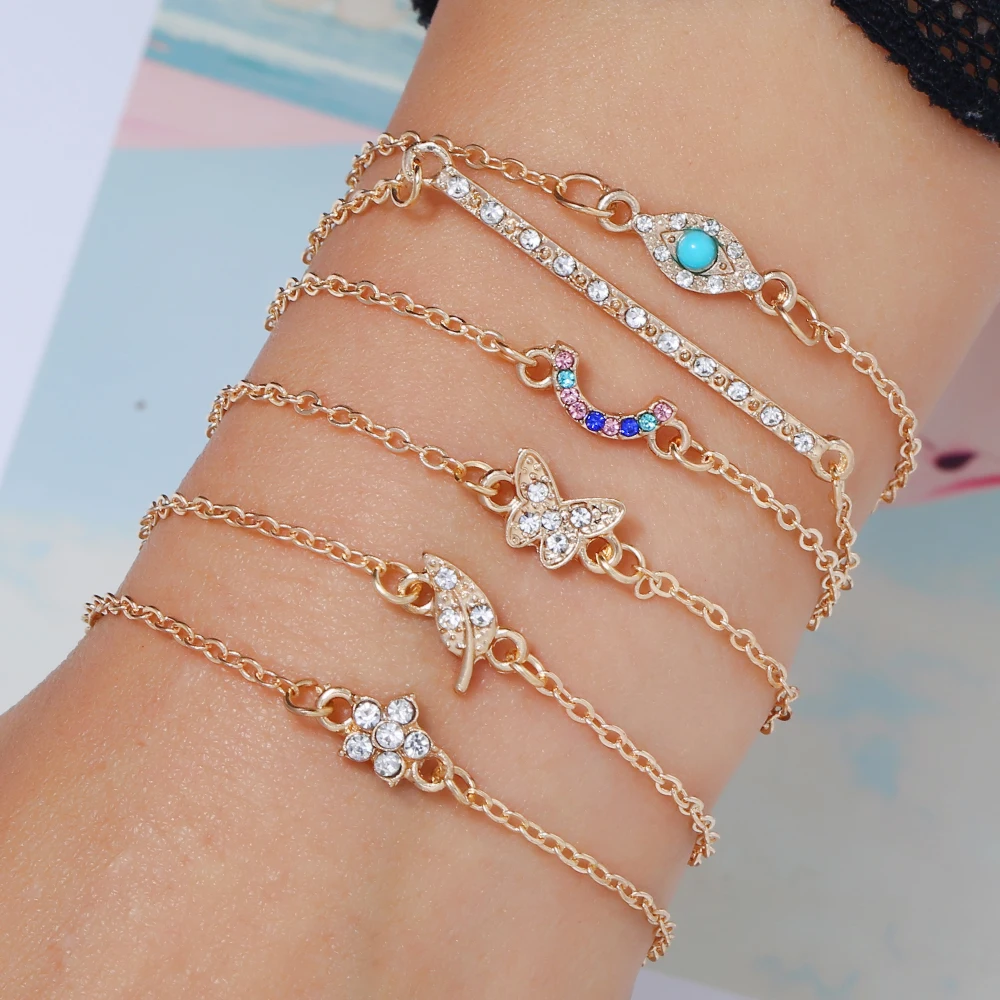 

6 Pcs/set Women Exquisite Crystal Butterfly Stars Leaf Gems Geometry Gold Bracelet Set Bohemian Vintage Jewelry Accessories