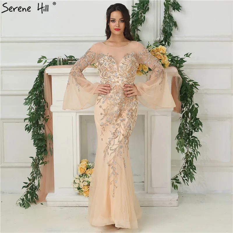 

Sexy See Through Bell Sleeve Mermaid Evening Dresses 2019 Crystal Beaded Long Sleeve Prom Gown Robe De Soiree BLA6553