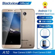 Blackview A10 смартфон 2 Гб Оперативная память 16 Гб Встроенная память MT6580A 4 ядра Android 7,0 5,0 дюймов 18:9 Экран 3g Dual SIM мобильный телефон