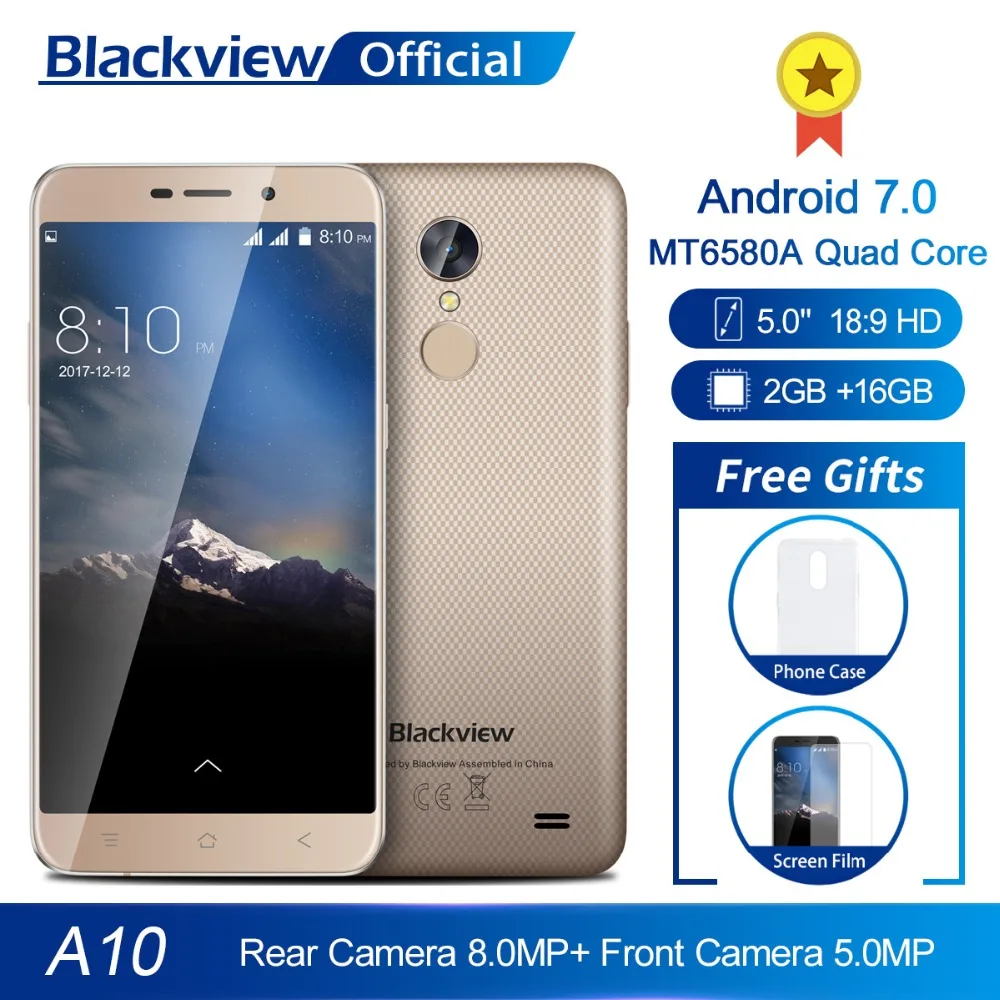 Blackview A10 смартфон 2 Гб ОЗУ 16 ПЗУ MT6580A четырехъядерный Android 7 0 5 дюйма 18:9 экран 3G