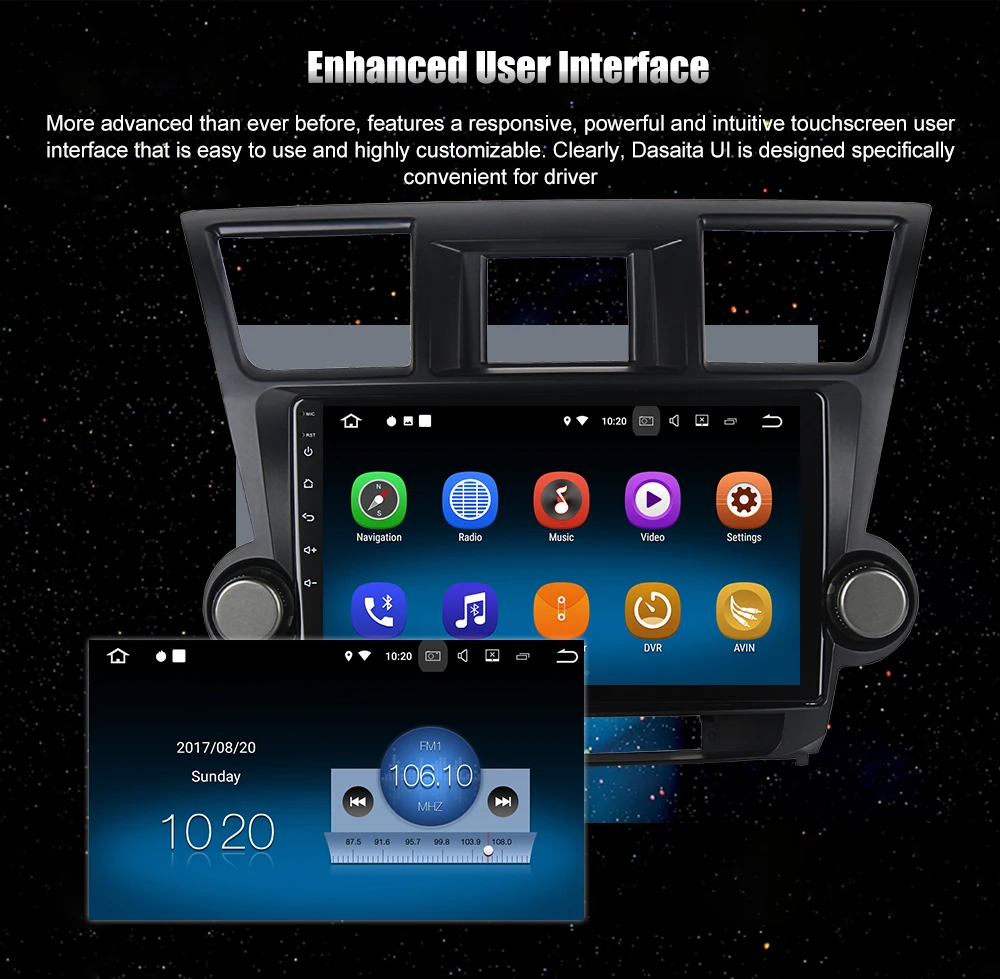 Excellent Dasaita 10.2" Android 7.1 Car GPS Player Navi for Toyota Highlander 2009-2012 with 2G+16G Quad Core Stereo Radio Multimedia HDMI 12