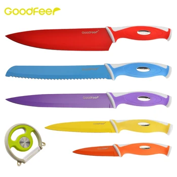 

Goodfeer Colorful Knife Set & Ceramic Blade Peeler+8"Chef+8"Bread+8"Carving+5"Utility+3.5"Paring with Knife Covers Kitchen Tools