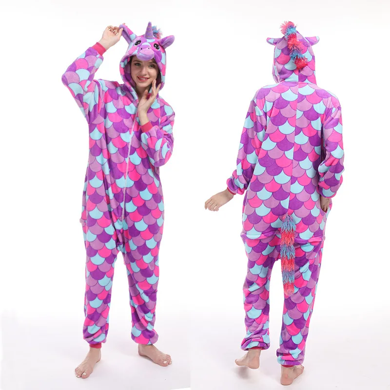 Kigurumi взрослые комбинезоны мультфильм единорог пижамы животных панда Ститч единорог пижамы для женщин мужчин зима унисекс пижамы ночнушка - Цвет: blue-pegasus