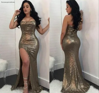 

Sexy Long Sequined Evening Dresses 2019 Mermaid Split Backless Holiday Wear Formal Party Prom Gowns Plus Size