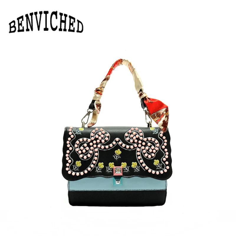 

BENVICHED 2017 Fashion Style Trend Design Embroidery Flower Rivets Scarf Chain Ladies Handbag Tote Shoulder Bag Crossbody bagR65