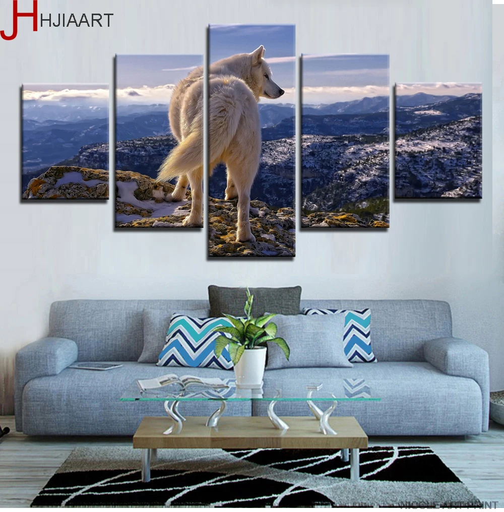 Framed White Wolf Canvas Art 5 Pieces Print Wall Paintings Prints on Oil Painting Poster Custom drop shipping | Дом и сад