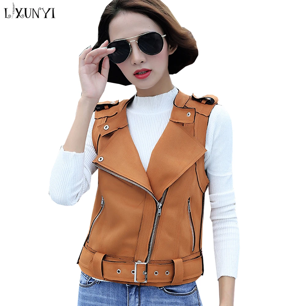 

LXUNYI New Spring Autumn Short Leather Suede Vest Women Sleeveless Jacket Female Zipper Belt Fall 2019 Womens Vests Slim Top
