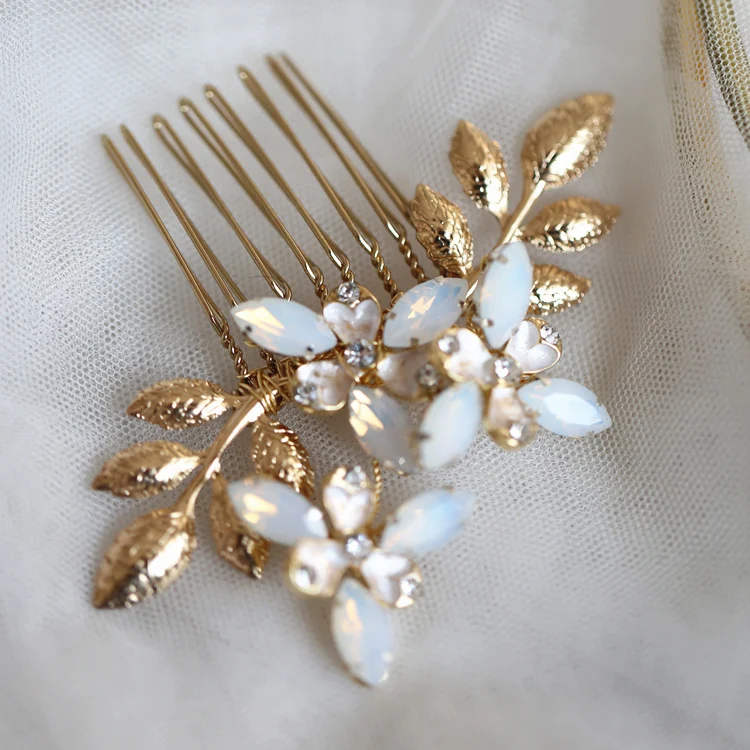  Jonnafe Gold Silver Color Leaf Wedding Hair Comb Pins Set Opal Crystal Bridal Hair Jewelry Accessor