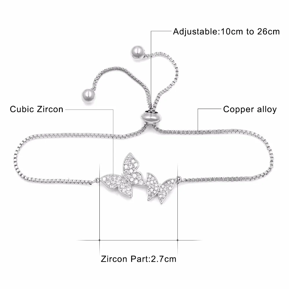 MIEG бренд Кубический Цирконий Кристалл CZ Бабочка Регулируемый браслет для женщин или свадьбы в серебряном цвете или розово-золотом цвете