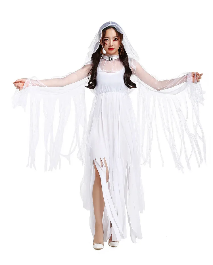 Quality women halloween costume White long maxi dress tassel skirt's ...