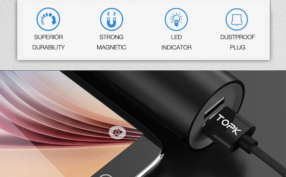 TOPK [5-Pack] R-Line2 светодиодный магнитный кабель Micro USB для samsung Galaxy S7 edge Xiaomi Redmi Note 4X кабели для телефонов Microusb