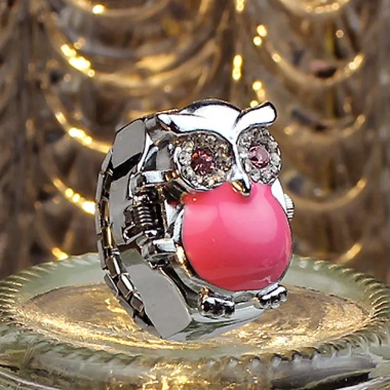 Карманные и Fob часы прочные модные новые горячие креативные модные ретро сова палец часы раскладушка кольцо часы A15 - Цвет: Розовый