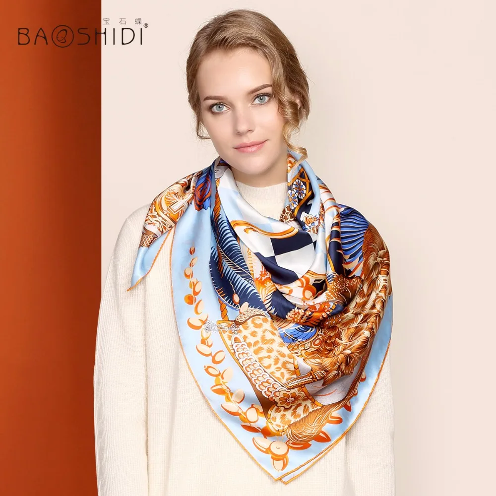 

[BAOSHIDI ]100% Silk Scarf,16m/m thick 106*106cm Infinity Square Scarves Hand Rolled Edge, manual printing, Fashion Shawl Women