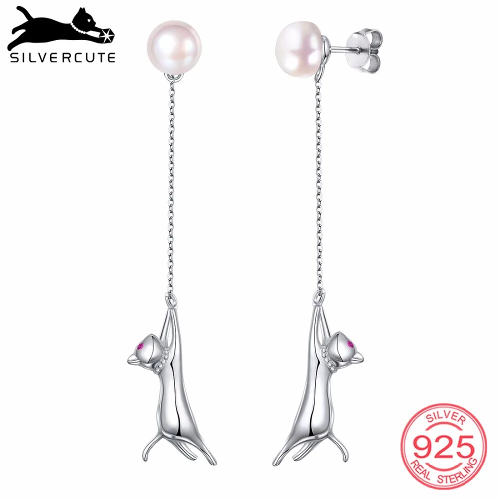

SILVERCUTE Freshwater Pearl Cat Drop Earrings Women Girls Fine Jewelry 925 Sterling Silver Feline Kitty Earring Dangle SCE6358B