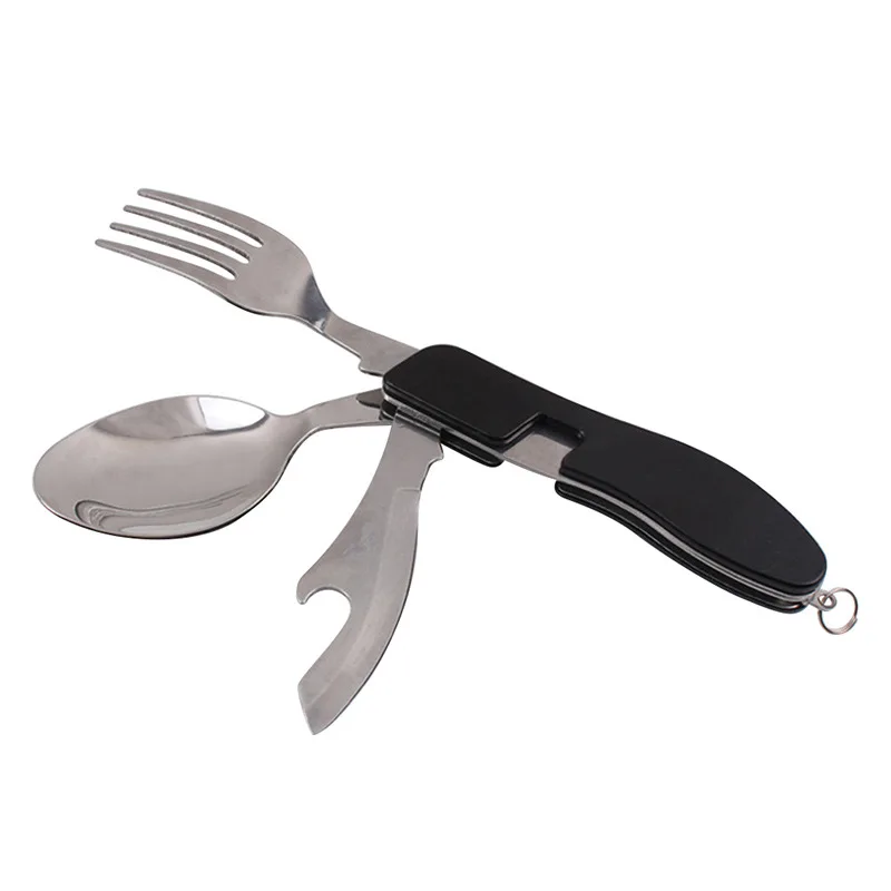 4 en 1 multifunción plegable al aire libre vajilla (tenedor/cuchara/cuchillo/abrelatas de botella) camping Picnic Acero inoxidable herramienta Kits de viaje