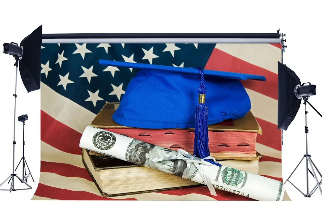 

Graduation Ceremony Backdrop Mortarboard on Old Books Degree Certificate Backdrops American Flag Background