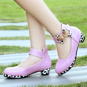 

Children's girls' festive shoes, faux leather heels, shallow bow princess shoes, pink and black dance shoes fashion