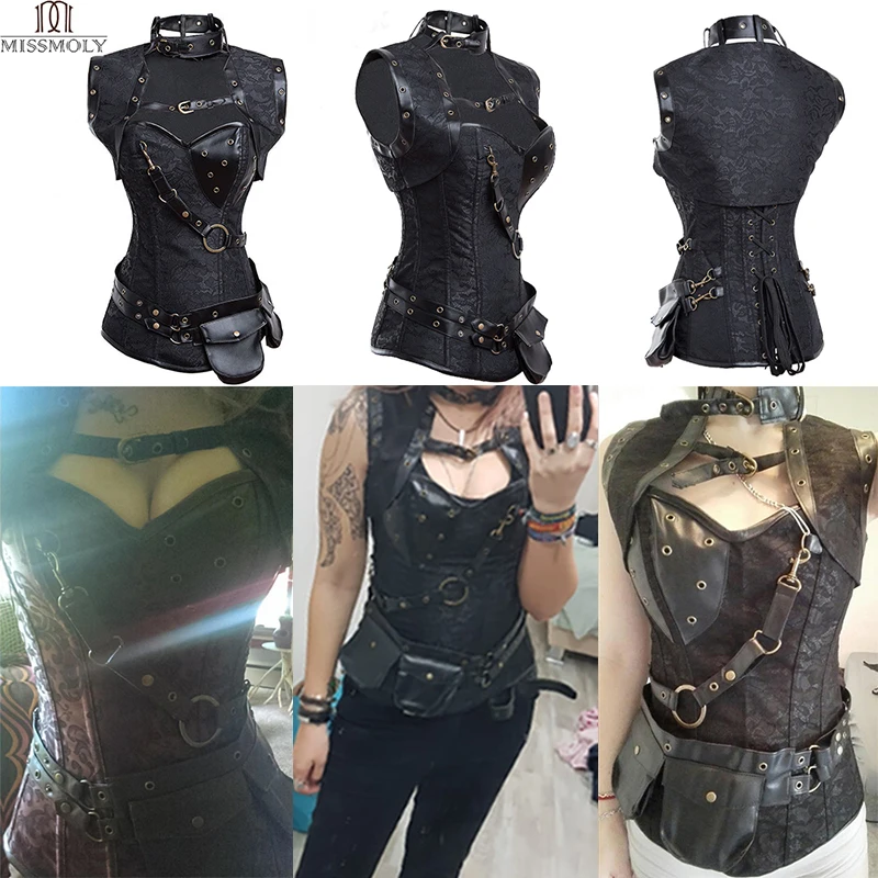 Miss Moly Women's Gothic Corset Steampunk Black Bustier Fancy Lingerie Bustier Boned Top Costume Faux Leather Dress Body Shaper