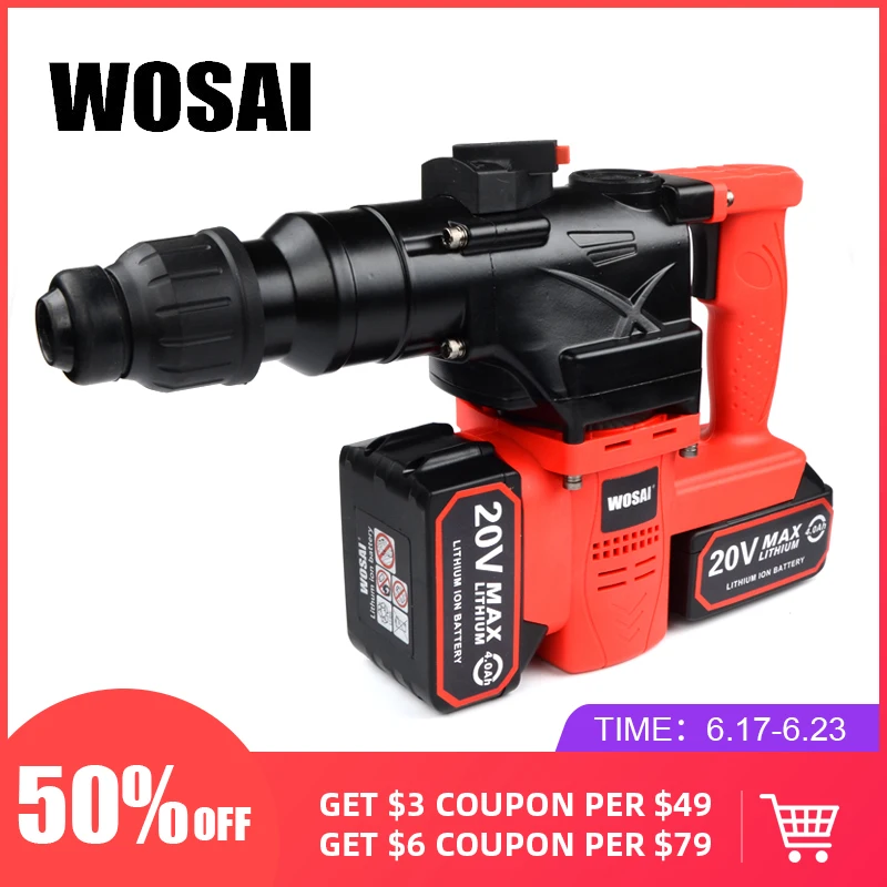 WOSAI 40V Lithium Battery Rotary Hammer Heavy Duty Cordless Impact