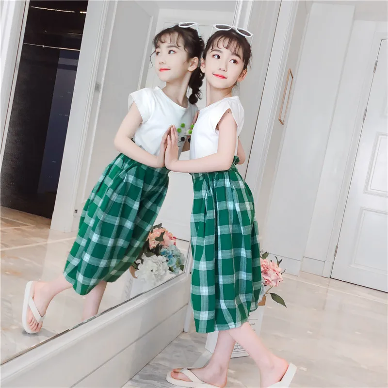 

clothing sets for girl children summer 2019 plaid pants +shirt fashion pakaian anak perempuan 7 8 years teenage
