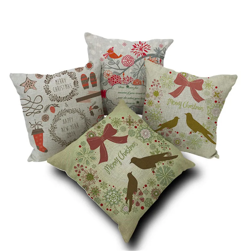 Merry Christmas Cushion Cover Brids Gift Print Pillow Covers For Sofa