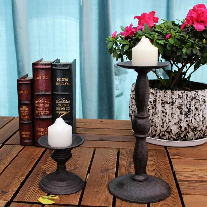 

European Vintage Home Tabletop Decor Cast Iron Pillar Candle Holder Pair