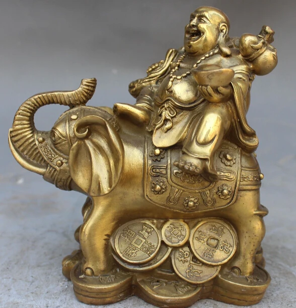 

Chinese Buddhism Bronze Brass Wealth Auspicious Elephant Maitreya Buddha Statue