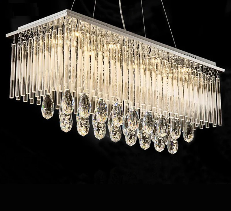 Modern Contemporary Rectangle Rain Drop Suspension Lamp Lighting Fixture Crystal Chandelier for Dining Room