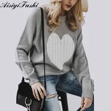 Зимний женский джемпер, теплый свитер с сердцем, женский свитер в рубчик большого размера, белые вязаные свитера с вышивкой, длинные женские свитера