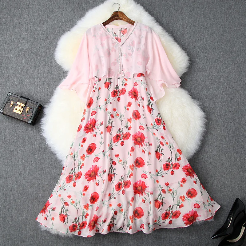 

Chiffon Dress Summer Women 2019 New Diamonds Chain V-Neck Cloak Patchwork Printed Slim A-Line Casual Dress Midi S-XL