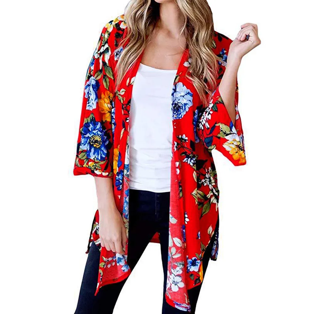 

Spring Autumn Casual Ladies Fashion Womens Casual Shawl Print Kimono Cardigan Top Cover Up Blouse Beachwear Sexy Kimono