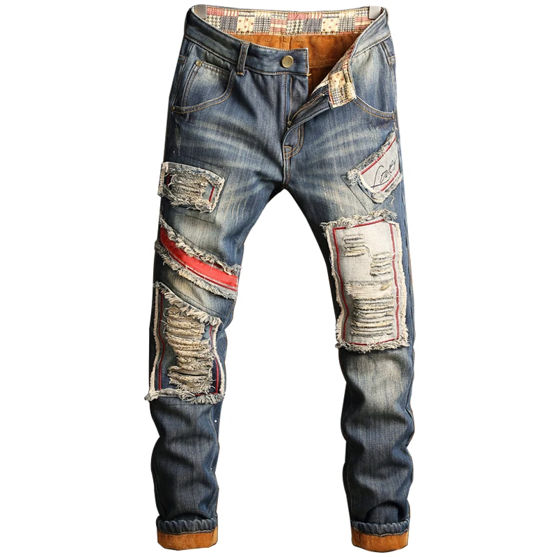 

DIAOOAID 2018 New Winter Warm Plus Size Jeans MenCasual Denim Elastic Trousers Fleece Thick Straight Male Patch Pants