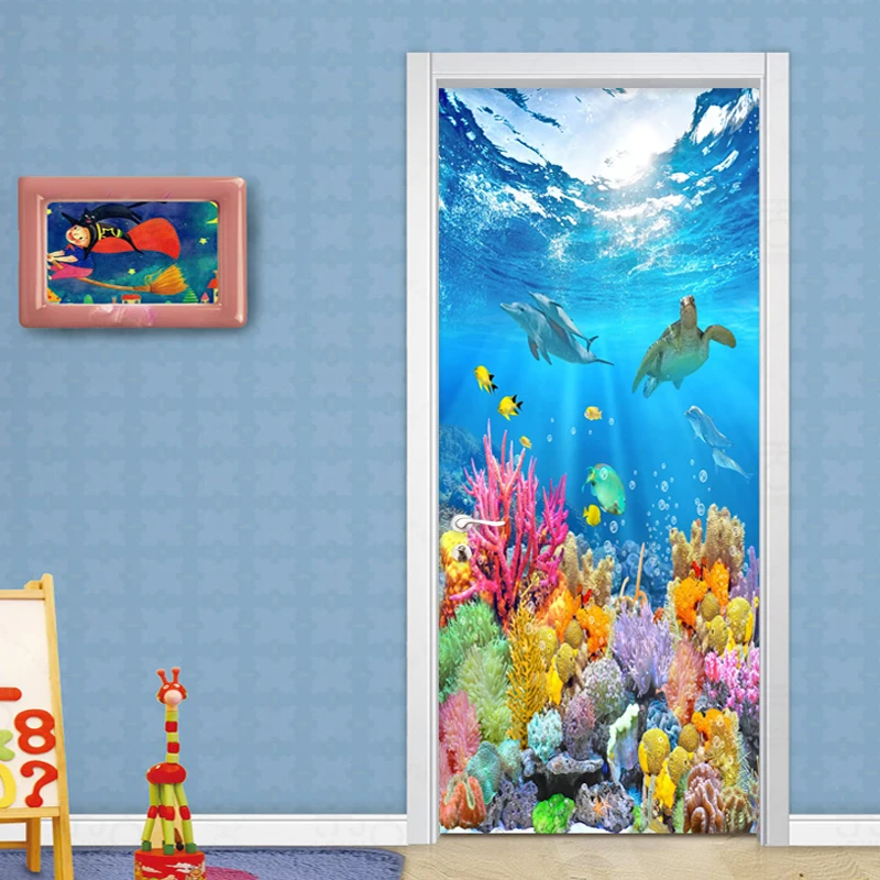 3D мультфильм подводный мир дверь наклейка Дети спальня ПВХ самоклеящиеся