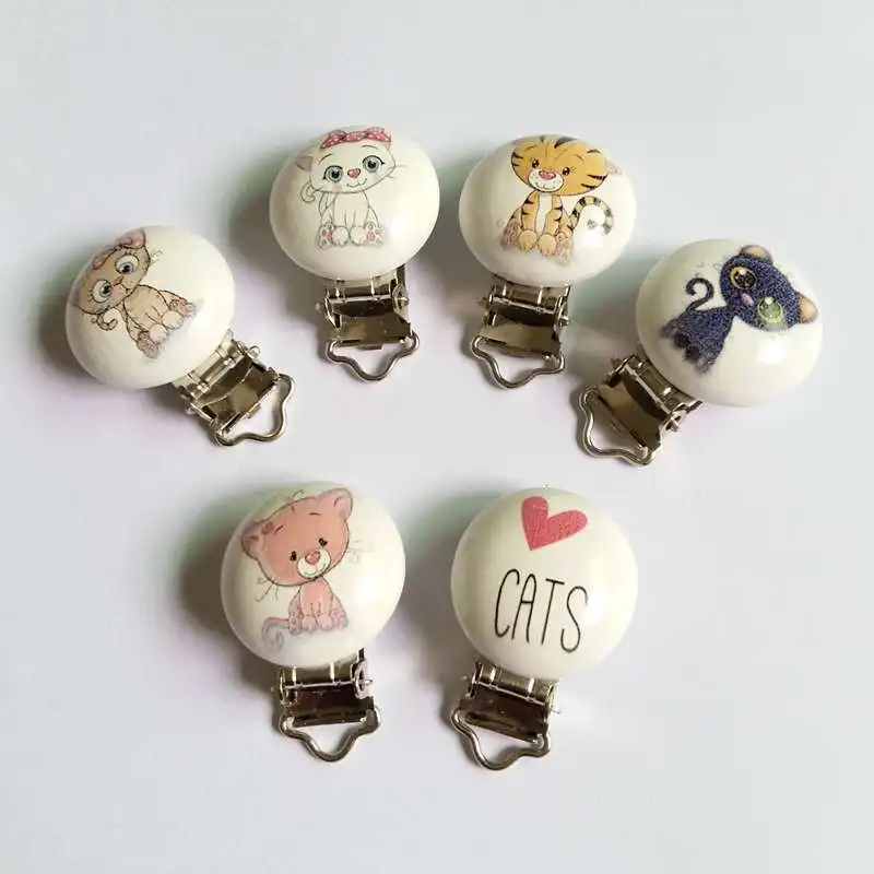 

Random mix 5pcs Cute cat Pattern Wood Pacifier Clip For Baby Metal Soother Holders For DIY Craft