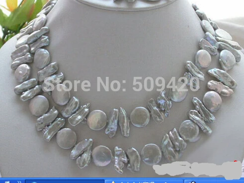 

~~ Free Shipping 14MM GRAY COIN BIWA PEARL NECKLACE BRACELET 32