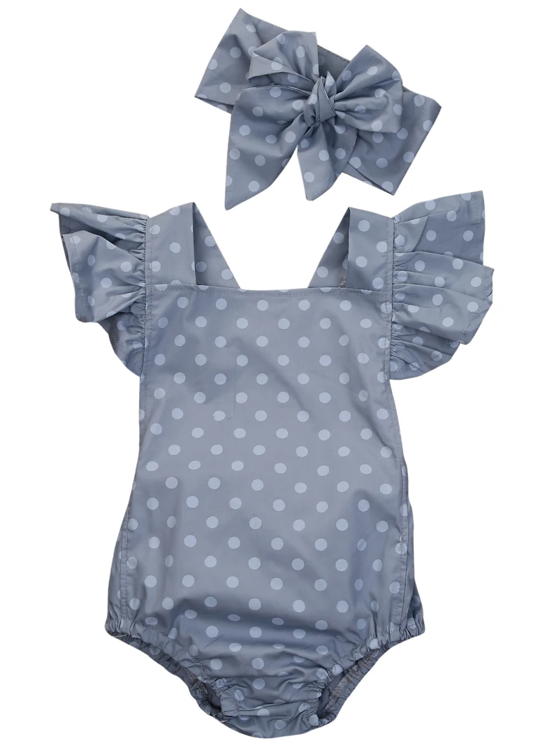 Summer Polka Dot Baby Kids Girls Bodysuits Headband Clothes Ruffles