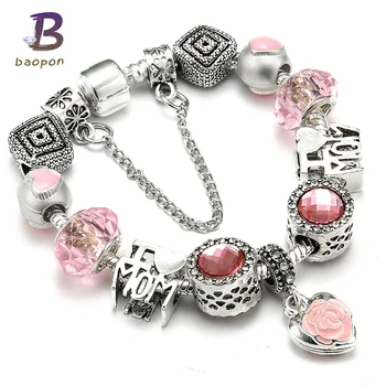 

New Arrival Pink Color Charm Bracelet First My Mom Heart Dangles Brand Bracelets Mother's Day Gift DIY Jewelry