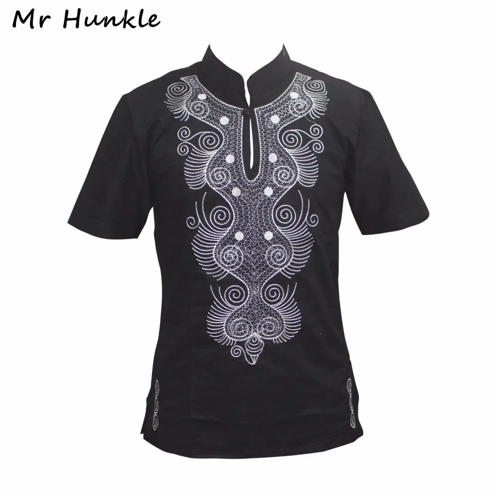 

Mr Hunkle African Men's Normcore T-shirt New Design Mandarin Collar Geometric Emboridery Top Tees Short Sleeve Dashiki Shirt