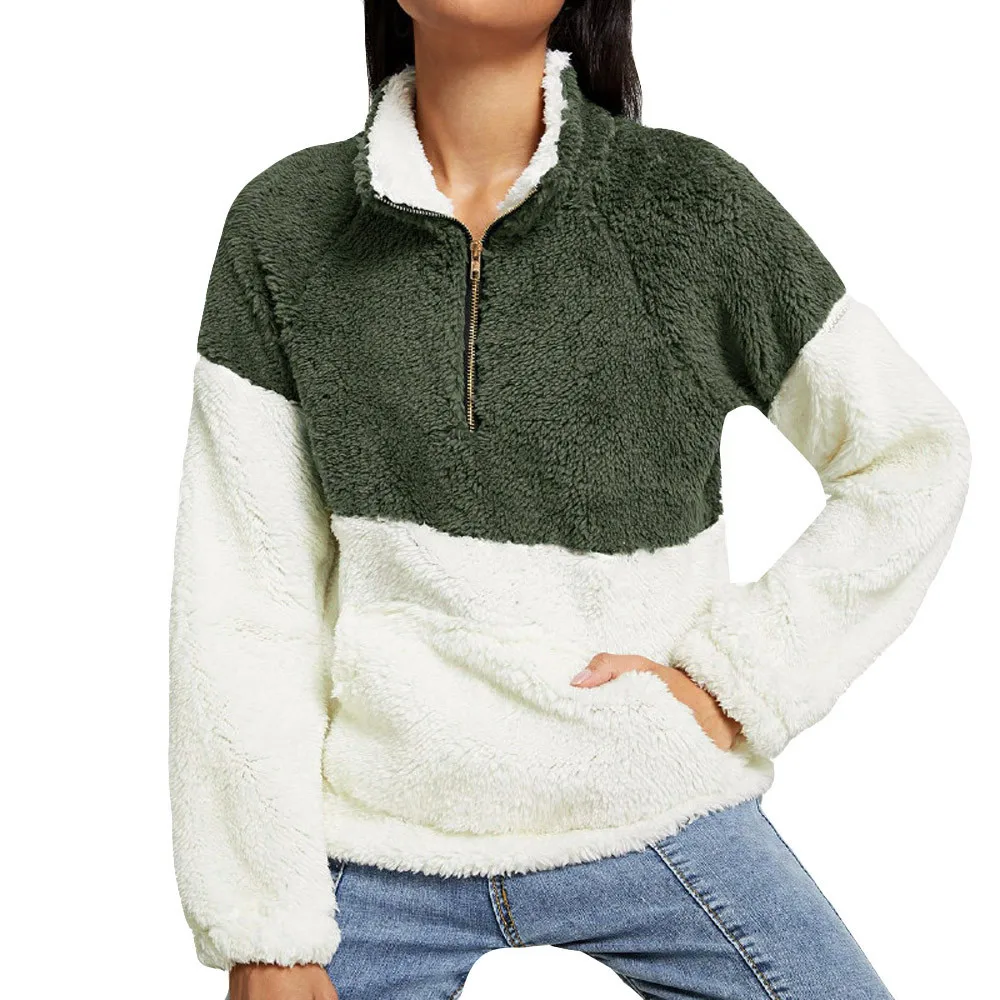 

Winter Warm Soft Fleece Sweatshirt Hoodies Women Zipper Turtleneck Pocket Pullover Female Casual Fluffy Fur Streetwear Tops #3