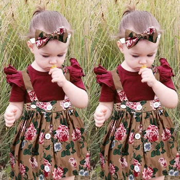 

3Pcs Baby Toddler Girls Kids Overalls Skirt +Headband+Romper Clothes Outfits
