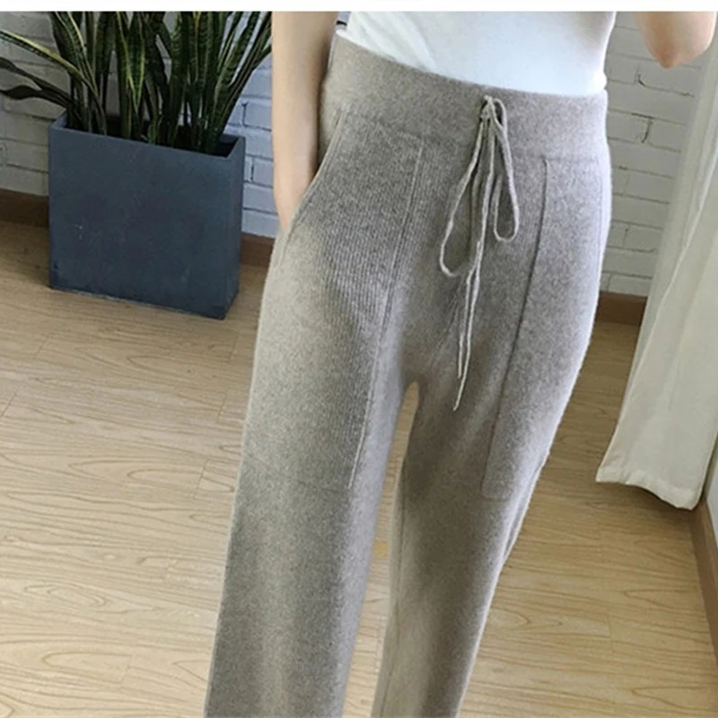 

soft waxy comfortable cashmere camel pants female pure knitted wide leg pants Casual Loose Knitted pants women