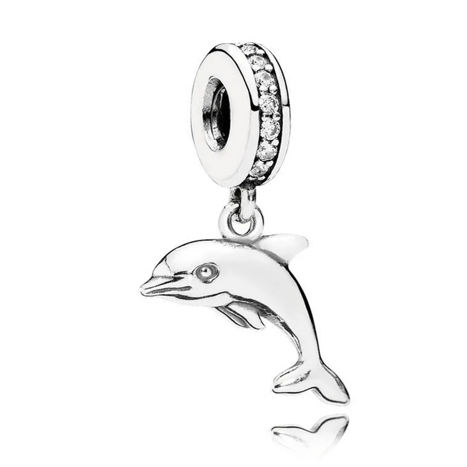 

925 Sterling Silver DIY Jewelry Playful Dolphin Dangle Charm fit Pandora Bracelet Bangle Lady Gift