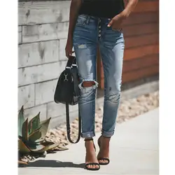 Высокая Талия обтягивающие джинсы Для женщин Винтаж проблемных джинсовые штаны с дырами, рваные узкие брюки повседневные штаны Летние