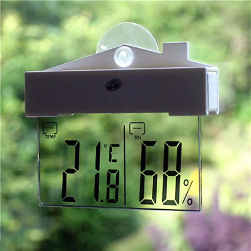 

2018 New Arrival Digital Transparent Window Display Thermometer Hydrometer Indoor Temperature Outdoor Station Home Decoration