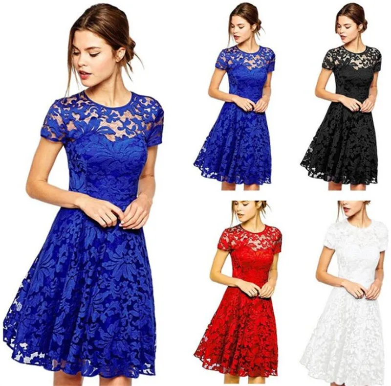 rouge Partie Dentelle 50 Casual Plus Femmes Pcs Robes Courtes Élégantes Floral blanc Manches Robe bleu La 5xl Slim Mini Taille lot Noir À k8wOPNnX0