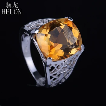 

HELON Cushion 8.5ct 14x12mm 100% Genuine Citrine Natural Diamonds Sterling Silver 925 Engagement Wedding Classic Jewelry Ring