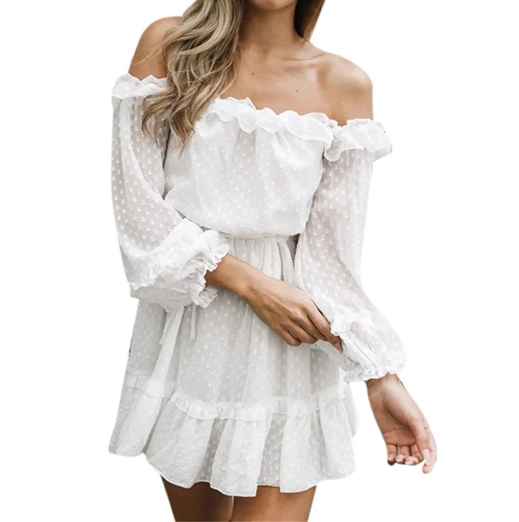 

Dress Women Party Nigh White Solid Party Mini Dress Long Sleeve Lace Sexy Dresses Sexy Off Shoulder Women Clothes 2019 vestidos