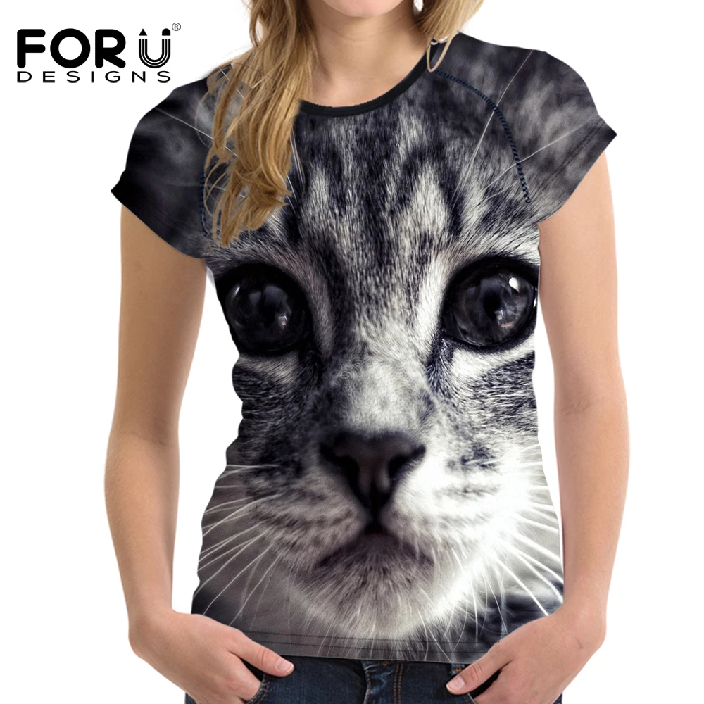 FORUDESIGNS 3D Cat Prints Women Summer Short Sleeved T Shirt Women t